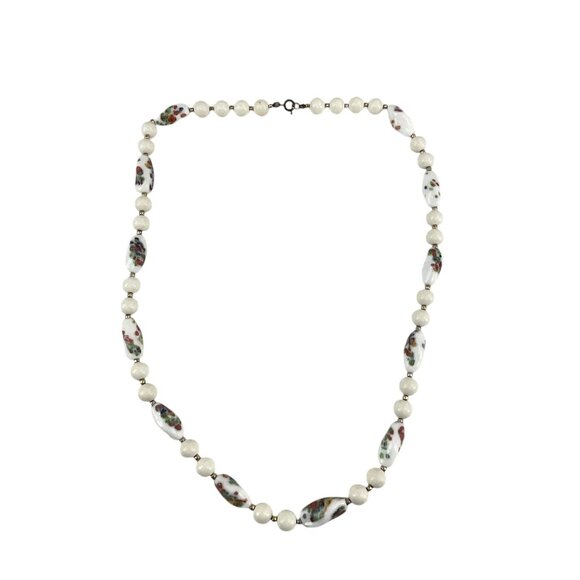 Vintage Floral Ceramic Bead Necklace With White Round Beads Metal Clasp - Picture 9 of 9